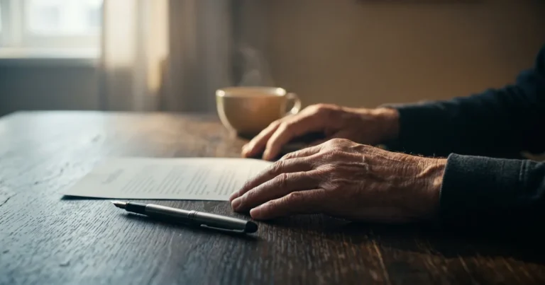 Elderly man's hands resting on a wooden table beside a fountain pen and a partially visible legal document, preparing to sign a Lasting Power of Attorney
