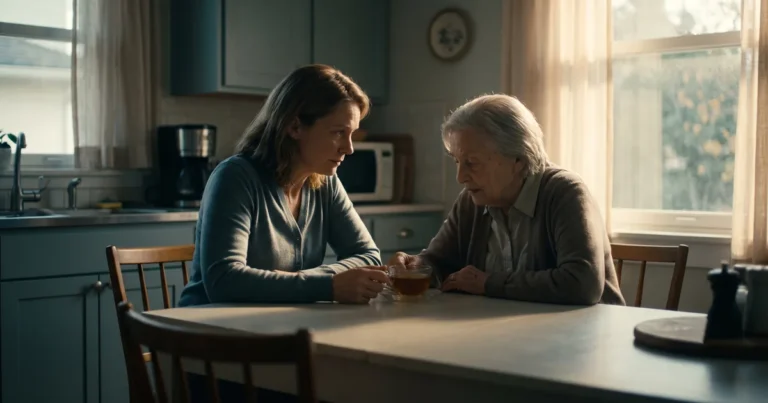 Woman and older relative sitting together at kitchen table discussing independent advocacy support during a care decision