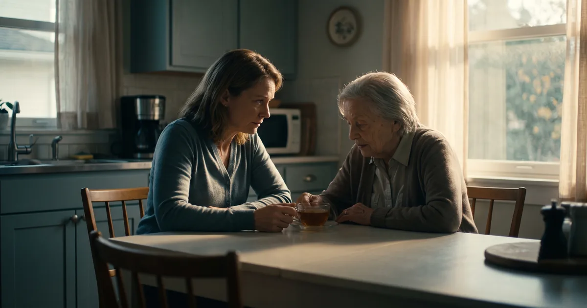 Woman and older relative sitting together at kitchen table discussing independent advocacy support during a care decision