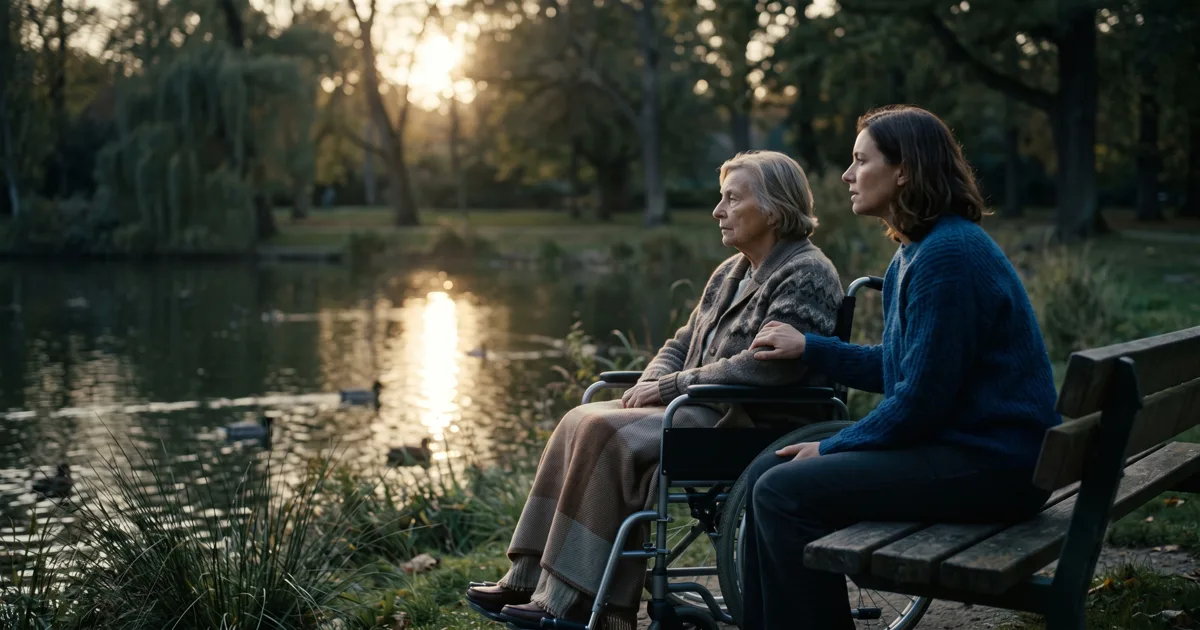 Adult daughter sitting beside her elderly mother in a wheelchair by a pond, discussing whether a care concern needs a safeguarding referral