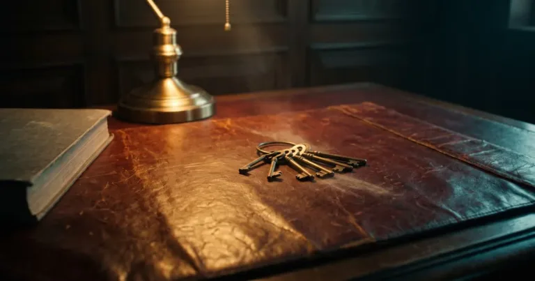 Brass desk lamp light falling across a worn leather blotter with a ring of old brass keys beside a closed ledger