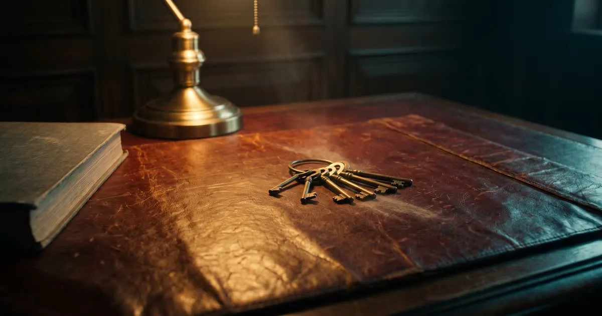 Brass desk lamp light falling across a worn leather blotter with a ring of old brass keys beside a closed ledger