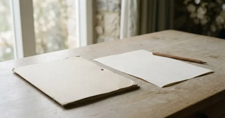 Closed folder, blank sheet of paper and pencil on a pale oak desk in soft daylight