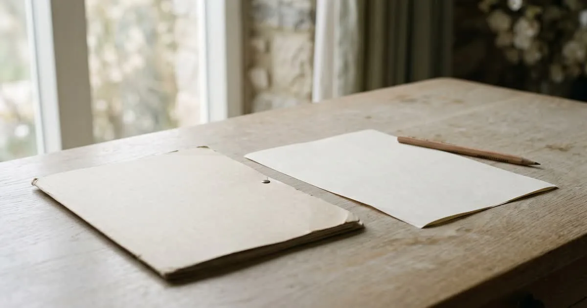 Closed folder, blank sheet of paper and pencil on a pale oak desk in soft daylight