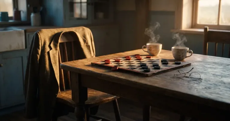 Draughts game paused mid-play on an oak farmhouse table in golden light, with two steaming teacups and reading glasses beside the board