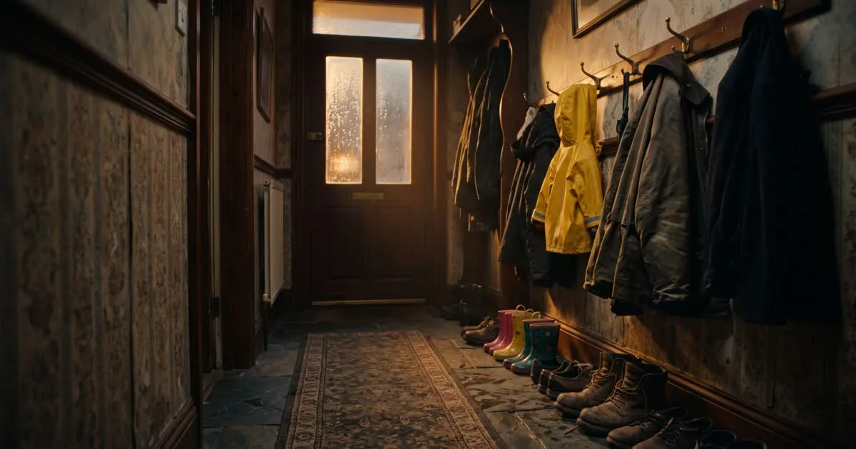 Coats on brass hooks in a dusk hallway, a child's yellow raincoat beside a worn waxed jacket and work boots